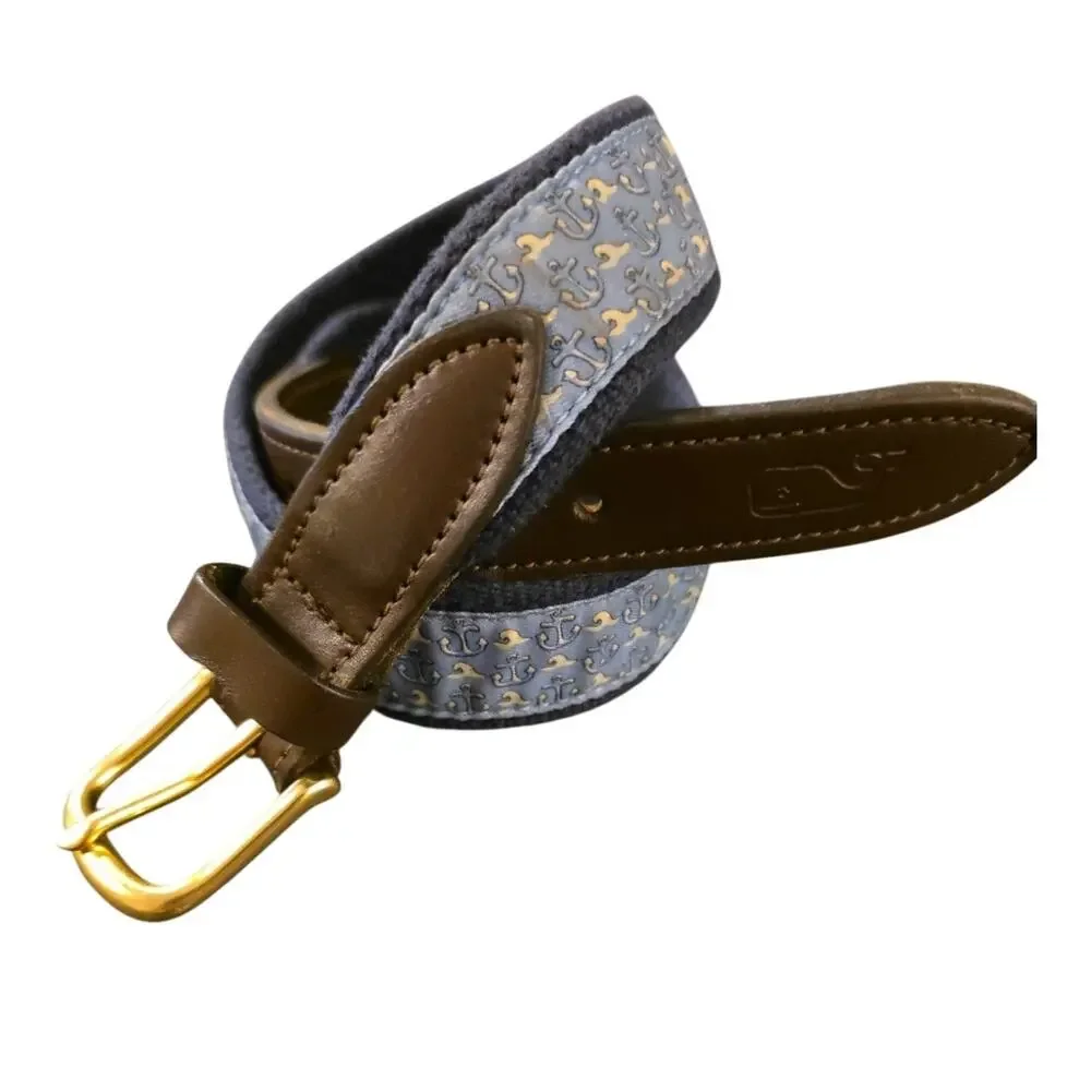 Vineyard Vines Boys 28 Club Belt Nautical Anchor Ribbon Brass Leather Canvas